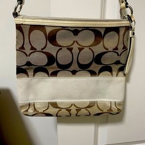 Authentic Coach Signature Stripe Ivory Canvas Leather HandBag /Shoulder Bag.